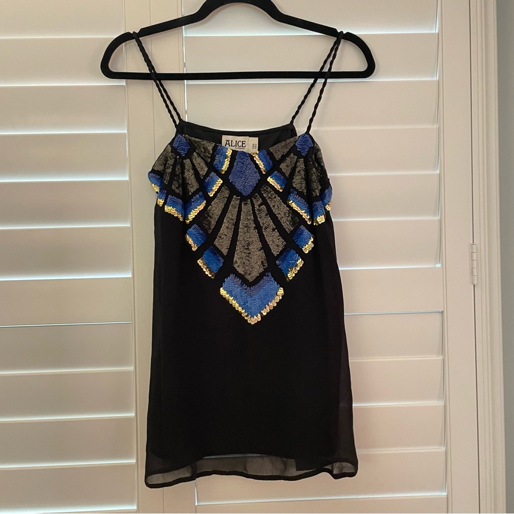 Alice by Temperley Sequin Embellished Camisole Tank Top Black Blue Size 2